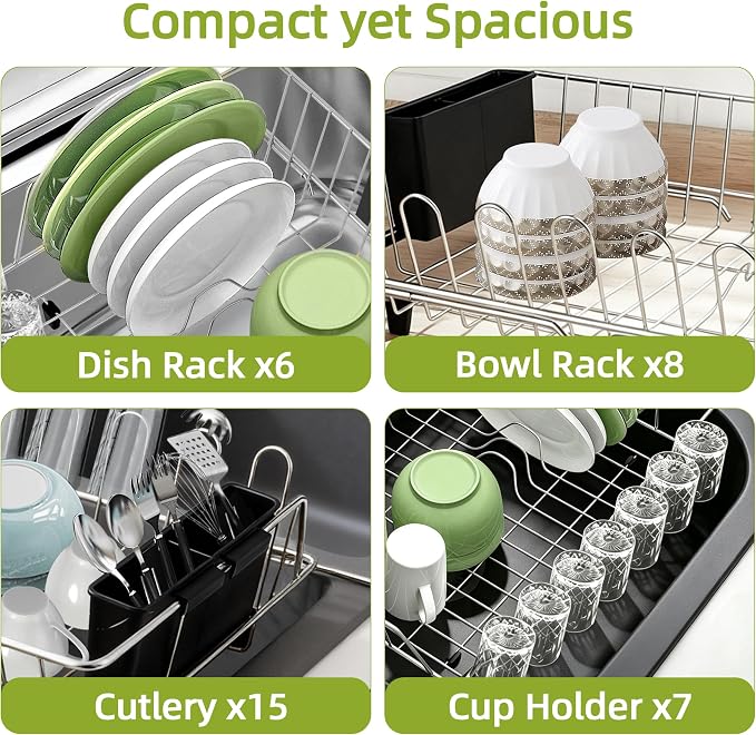 in Sink Expandable Dish Drying Rack with Silicone Mat-Extra Large Stainless Steel Dish Drainer Over The Sink with Utensil Holder, Applicable for Sink Width 16'-22' (Silver,23.2'*12.2')