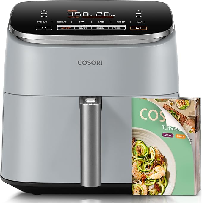 Cosori TurboBlaze 6 Qt Air Fryer, Ceramic Coating, 9-in-1, Light Gray | 90°-450°F, 5 Fan Speeds, Air Fry, Roast, Bake, Broil, Dry, Frozen, Proof, Reheat, Keep Warn, Dishwasher-Safe Basket, 1725W