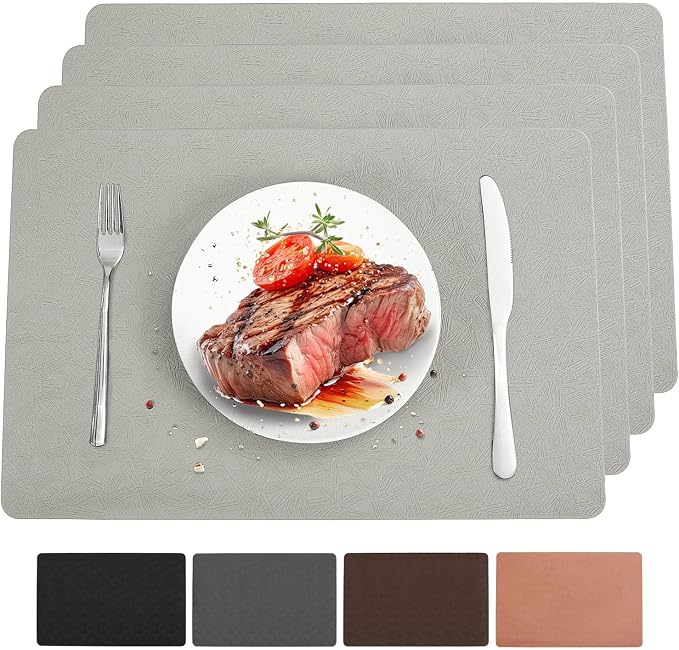 Gray Vinyl Placemats Set of 4 Waterproof Wipeable Table Mats | Heat Resistant Easy Clean Place Mats Faux Leather Table Mats Washable PVC Table Placemats for Dining Table(Light Gray)