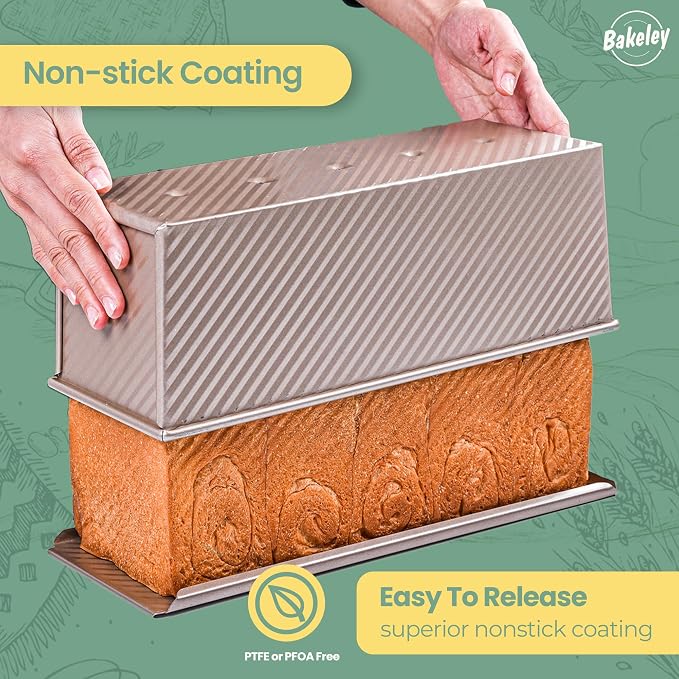 Commercial Pullman Loaf Pan with Lid, 2.2Lb Dough Capacity Non-Stick Rectangle Corrugated Bread Toast Mold with Cover for Baking Bread (Champagne Gold)