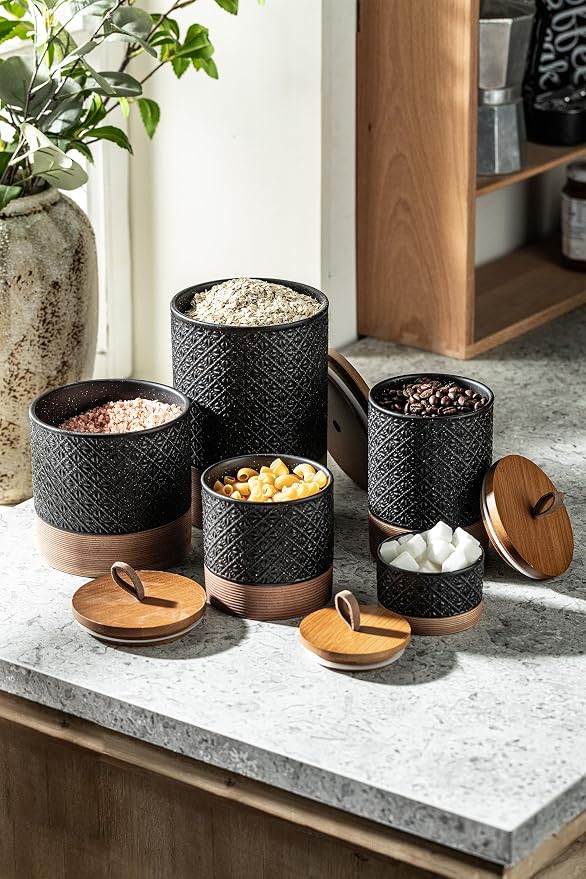 Miamolo Ceramic Coffee Container Jars with Airtight Lid, Black & 42 fl.oz | Coffee Canister for Kitchen Countertop, Food Storage for Candy Spice Sugar Tea | Keep Fresh Nonslip Base, Brew Bar Essentials