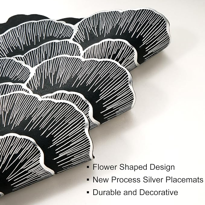 Evevda Silver Placemats Set of 6Round Floral Table Mats Bulk | Metallic Pressed Vinyl Table Place Mats for Dining Table Wedding Birthday Party Holiday Home Decoration