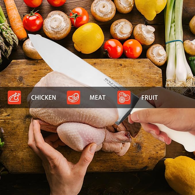 10" Professional Chef Knife, High Carbon Steel, Ergonomic (White) | 10" High Carbon Stainless Steel,Versatile wide-blade chef knife,Non-Slip Ergonomic Handle,Durable, Stain-Resistant & Sharp.