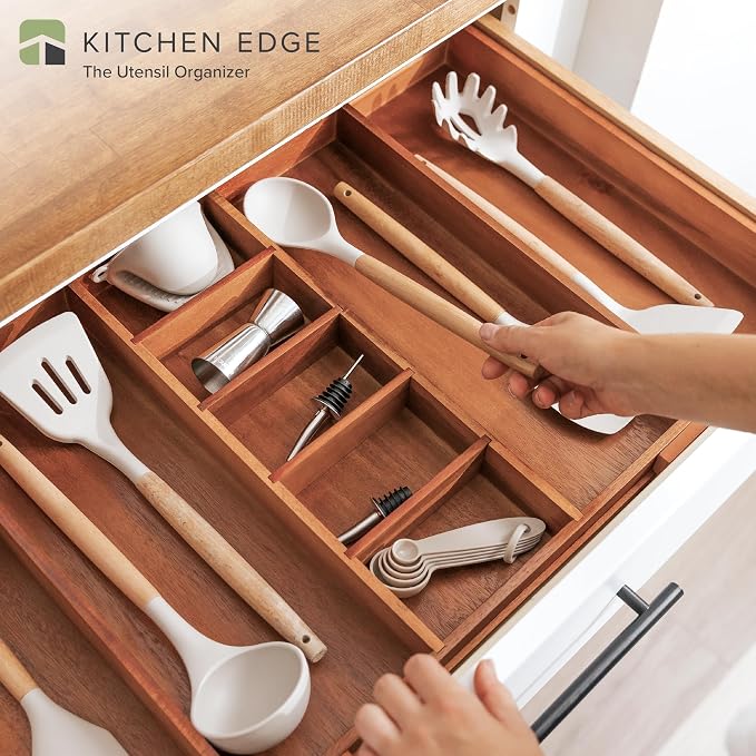 Utensil & Junk Drawer Organizer, 18.5-33 in, Acacia | Food-safe contract grade, 100% sustainable wood, non-slip, adjustable