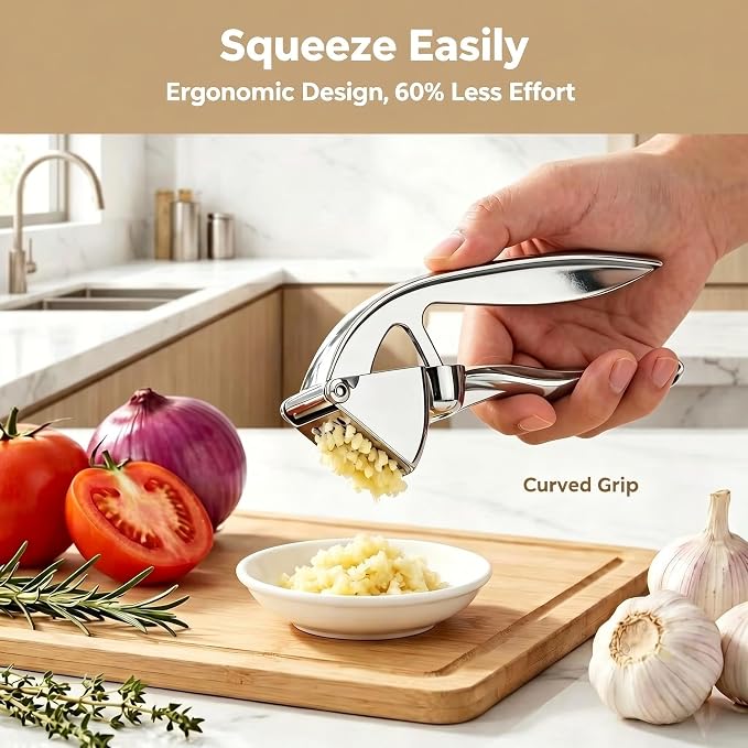 Garlic Press, Zinc Alloy Garlic Ginger Crusher & Mincer Tool Heavy Duty Garlic Mincer & Grinder with Large Chamber Multiple Studs Dishwasher Safe Ergonomic Handle Easy Squeeze Kitchen Essential