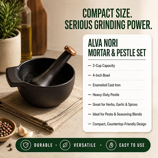 Alva Nori Enameled Cast Iron Mortar & Pestle Set | 2-cup, 4-inch capacity, Spice Grinder Bowl, Heavy-Duty Herb & Garlic Crusher with Textured Interior