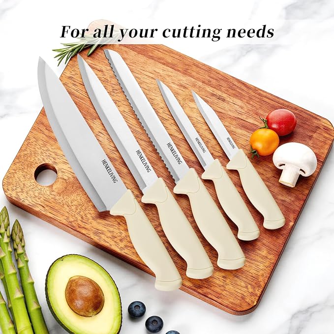 Knife Set, 6-Piece Kitchen Knife Set, German High Carbon Stainless Steel, Durable & Easy Clean Knife Block, Cream