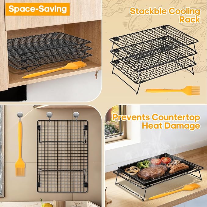 3-Tier Baking Cooling Rack with Legs, 13"x 9" w/50 Parchment Paper | Stackable Cooling Racks for Baking w/Pastry Brush, Collapsible Wire Rack for Cooling Cookies, Cakes, Bread, Dishwasher Safe