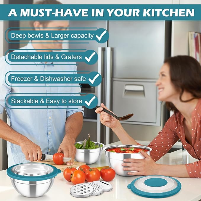 TeamFar Mixing Bowls, 3PCS Stainless Steel Serving Salad Bowls | with Lids & 3 Graters for Kitchen Mixing/Baking/Storing/Prepping, Visible & Airtight, Easy Clean - 4.5/3/1.5 QT, Dark Blue