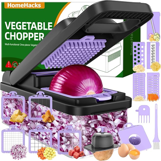 HomeHacks Veggie Chopper Vegetable Cutter, 15 in 1 Kitchen Gadget, Purple | Dicer, Slicer, Cutter, Slap Chop, Cheese Grater & Egg Separator - Multi-Functional Salad Fruit Onion Chopper with Container