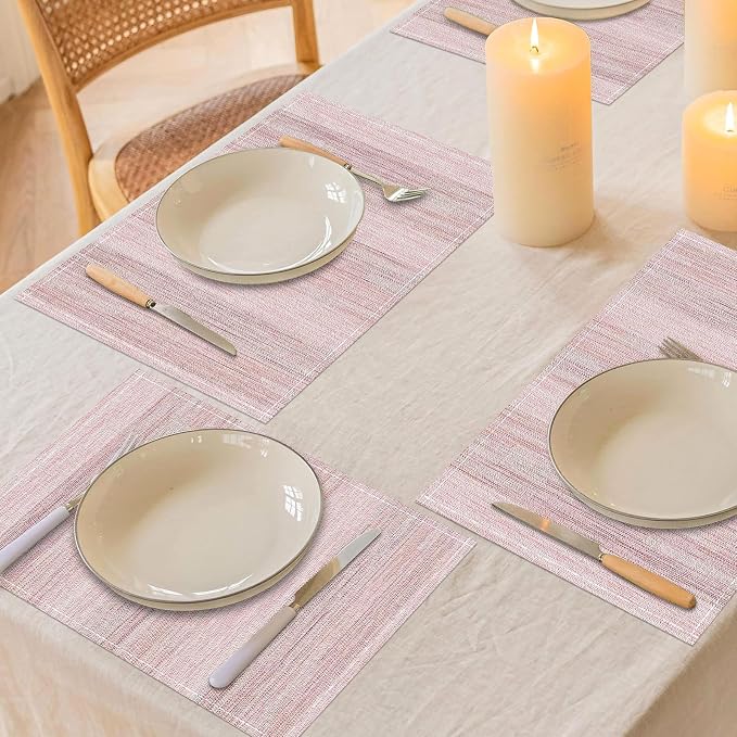 Pink Placemats Set of 4, 12x18 Inch Washable Easy to Clean Rectangular Cute Placemats for Kitchen Table Holiday Wedding Party Dining Room Decoration