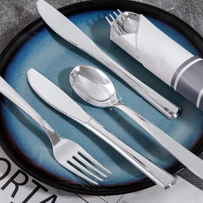 400PCS Pre Rolled Silver Plastic Silverware Heavy Duty for Wedding | Individually Wrapped Utensils, 100 Pack, Durable and Sturdy, BPA free, Include Matching napkins, For Parties, Catered Events