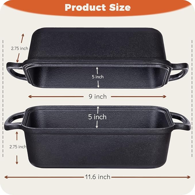 Pre-Seasoned Cast Iron Loaf Pan with Lid, 9x5 Sourdough Pan | Heavy-Duty Cast Iron Loaf Pan with Lid for Sourdough Bread, 9x5 Inch Baking Pan, 2-In-1 Design, Even Heat Distribution, Black