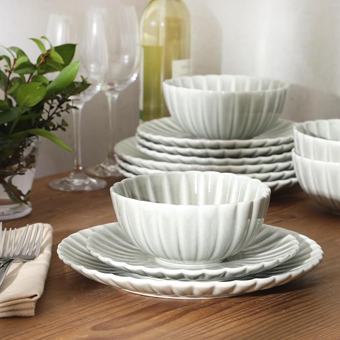 Gibson Elite Peach Orchard 12-Piece New Bone China Dinnerware Set Service for 4, Embossed Fluted Plates and Bowls, Dishwasher and Microwave Safe, Sage Green