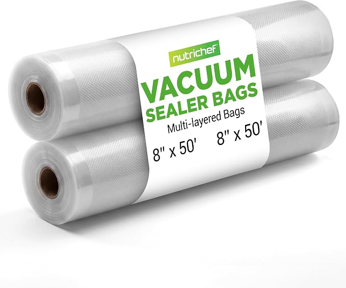 NutriChef Vacuum Sealer Bags 8x50 Rolls 2 pack Compatible with All Brands, Commercial Grade, Heavy Duty, Great for vac storage, Meal Prep or Sous Vide