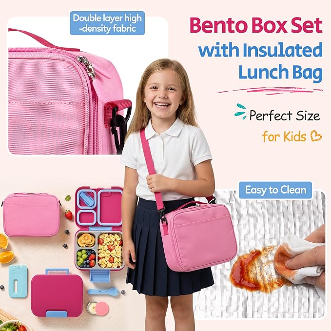 Kids Stainless Steel Bento Lunch Box Adult Girl Food Container Set with Bag | Stainless Steel Bento Lunch Box Kids Container Set Girls Boys Teens with Insulated Lunch Bag and Ice Pack for School Office