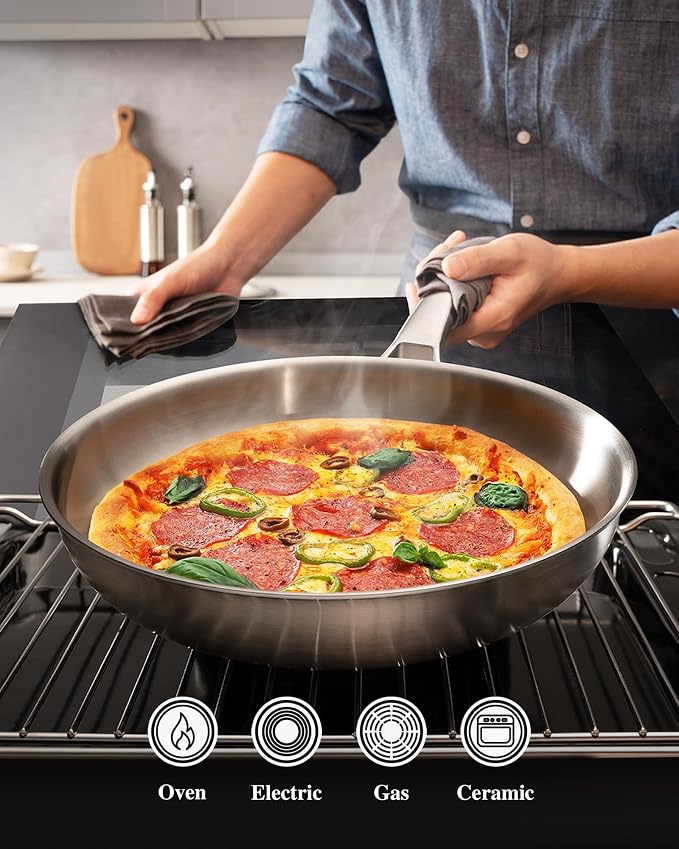 VocVoi Stainless Steel Pan, 12 Inch with Lid Stainless Steel Frying Pan, Non Toxic Tri-Ply Skillet, PFOA&PTFE Free, Oven and Dishwasher Safe, Induction Compatible