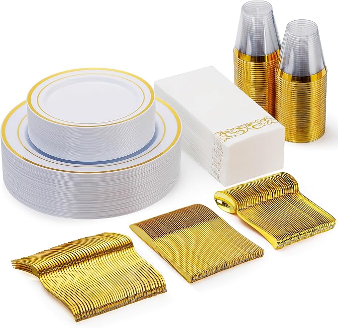 175 Pcs Gold Dinnerware Sets for 25 Guests, Disposable Plate Sets | Plastic Plates for Party, Include: 25 Dinner Plates, 25 Dessert Plates, 25 Paper Napkins, 25 Cups, 25 Gold Silverware Set