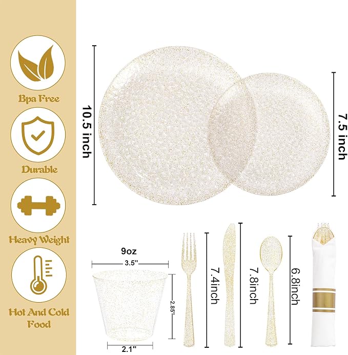 Rubtlamp 700Pcs Gold Glitter Plastic Dinnerware Set, Hammered Clear Plates, Fancy Plastic Plates Include 100 Dinner Platos, 100 Salad Platos, 100 Cups,100 Pack Pre Rolled Glitter plastic Silverware