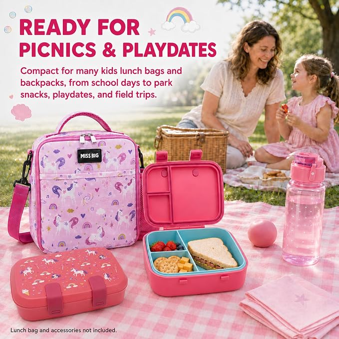 MISS BIG Microwave Safe Bento Box for Kids, Pink Mermaid Unicorn, 800ml | Kids lunch box with 3 compartments for preschool, daycare, school meals, snacks, and everyday kid portions