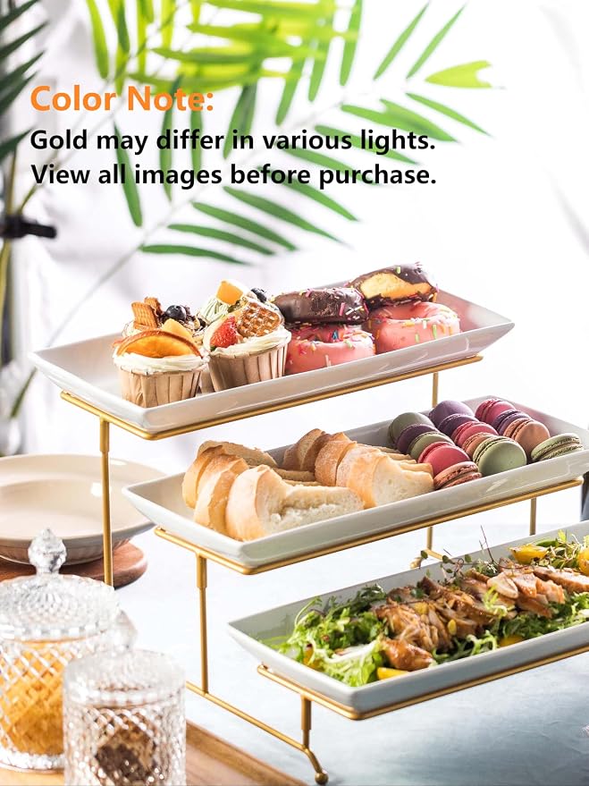 LYEOBOH 3 Tier Serving Stand and Platters Set Tiered Serving Tray for Party | 14 Inches Large Tiered Serving Platters with Collapsible Sturdier Rack for Appetizer Fruit, Dessert and Cupcake, White