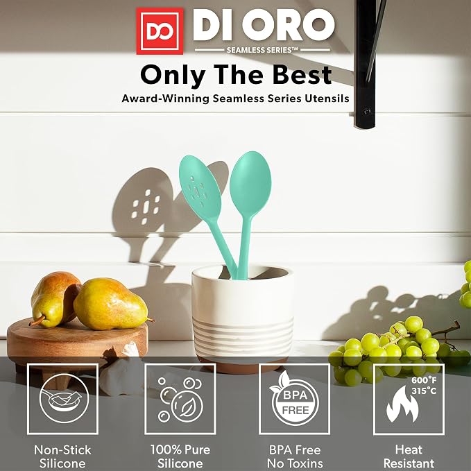 DI ORO Silicone Cooking Spoons - Solid & Slotted Set, 2-Pc Mint | Large heads for mixing, serving, and stirring; Heat-resistant to 600F for nonstick cookware; BPA-free and dishwasher safe