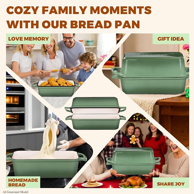 Cast Iron Loaf Pan with Lid, 11x5 Inch 5.8 Qt Sourdough Pan | Dutch Oven Bread Pan with lid, Large Cast Iron Loaf Pan for Sourdough Bread, 11x5", 2-in-1 Design, Crispy Crust, Pistachio