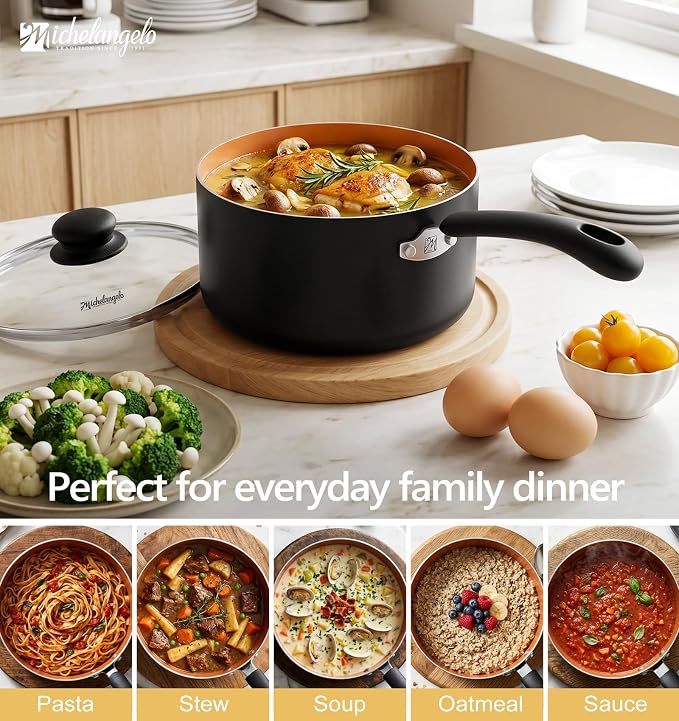 MICHELANGELO 4 Quart Sauce Pan with Lid, Nonstick Saucepan with Ceramic Coating, 4 QT Saucepan with Lid, Non-Toxic Saucepan with Stay-Cool Handle, Induction Compatible,Copper