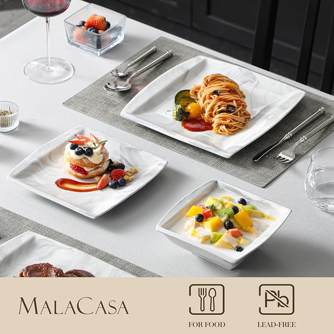 MALACASA Plates and Bowls Sets, 12-Piece Porcelain Dinnerware Sets for 4, Square Plates and Bowls for Dessert, Salad and Soup, Ceramic Dishes Dining Dishware Set, Marble Grey, Series Blance | Complete with Plates, Bowls, Cups, Saucers, Microwave Oven a...