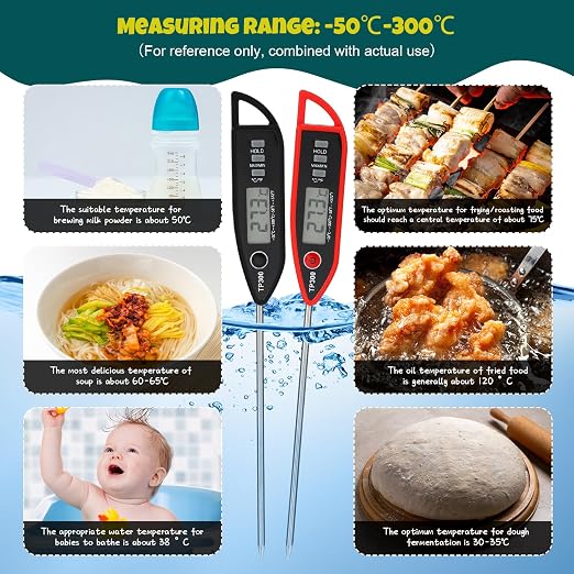 6 Set Digital Food Thermometer Long Probe Instant,Black, Red | Waterproof for Water Liquid Candle, Instant Temperature Read for Kitchen BBQ Grill Candy Meat, Foldable Probe Thermometer
