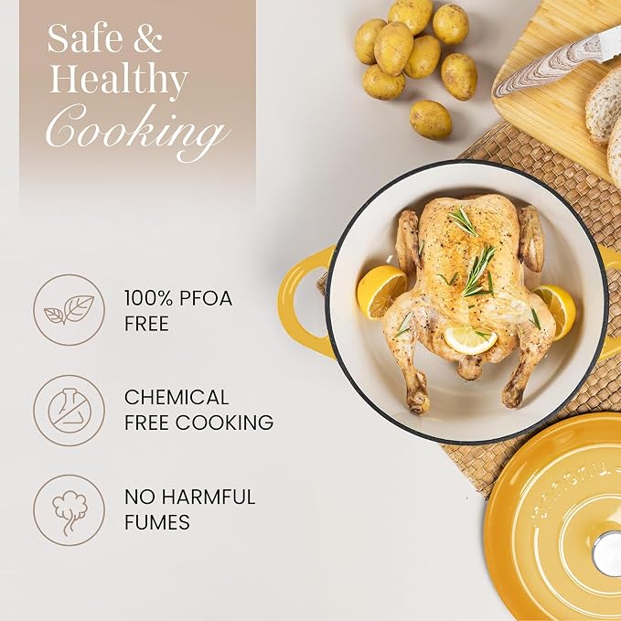 Nuovva Enamelled Cast Iron Dutch Oven Pot with Lid 6.4 Quart Non Stick Casserole Pot-Heavy Duty & Oven Safe up to 500° F for Bread Baking, Braising, Stews, Roasting - 28cm Yellow