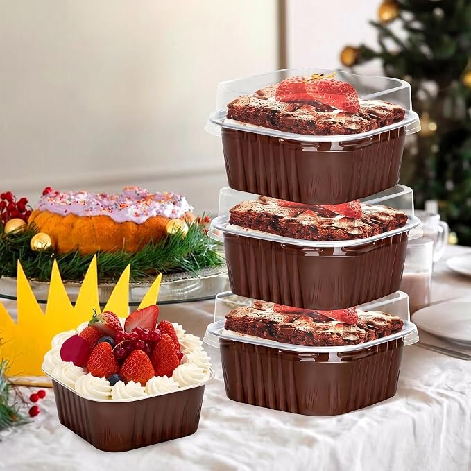 60Pack 5oz Brown Mini Cake Pans with Lids Baking Cups Aluminum Foil Pans Tins, Individual Dessert Cups Containers for Sales,Party,Picnics