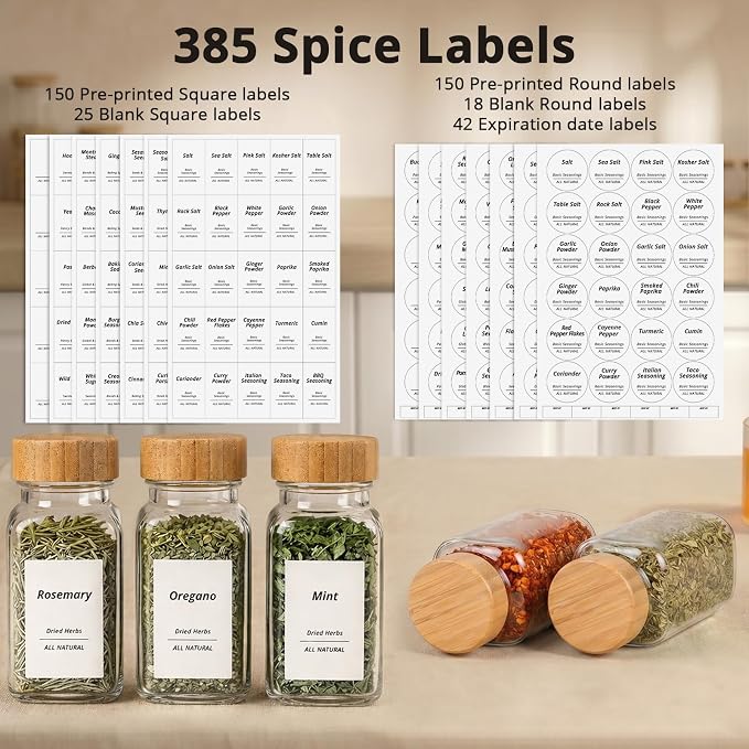 SHOWIN Spice Jars with Label, 6oz Spice Containers with Bamboo Lids 24pcs, Glass Spice Jars with Lids, Square Seasoning Containers for Rack, Cabinet, Drawer, Home Kitchen Seasoning Organizer