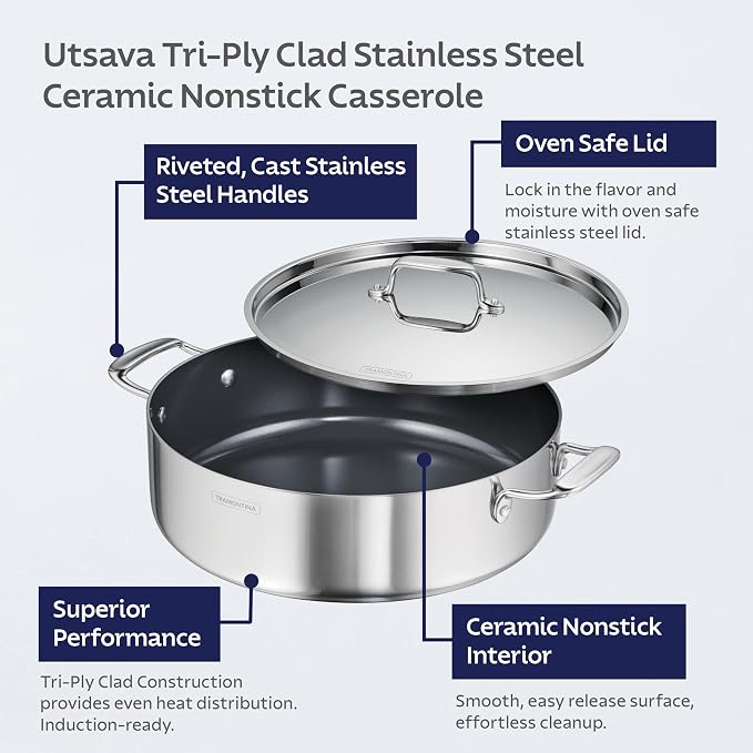 Tramontina Utsava Tri-Ply Clad Stainless Steel 6.5-Quart Casserole with Lid | Ceramic Non Stick Interior, Induction-Ready Large Braiser Pan