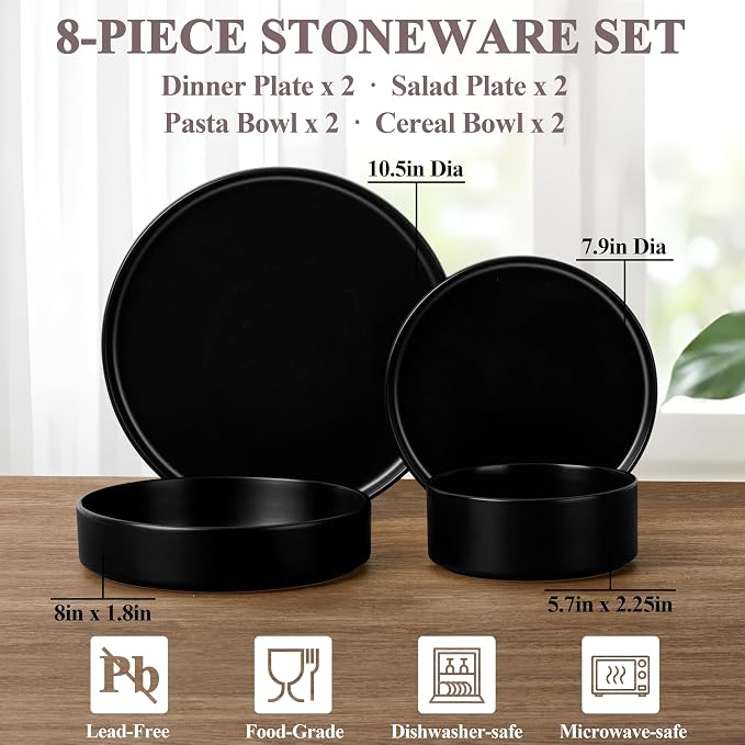 Herogo Dinnerware Sets with Pasta Bowls for 2, 8 Piece Dinner Salad Plates and Cereal Bowls, Stoneware Serving Dishes Dinner Ware for Home Kitchen, Dishwasher & Microwave Safe Dishware, Matte Black