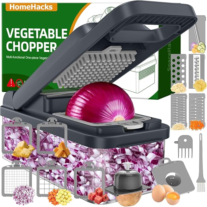 HomeHacks Veggie Chopper Vegetable Cutter, 15 in 1 Kitchen Gadget, Grey | Dicer, Slicer, Cutter, Slap Chop, Cheese Grater & Egg Separator - Multi-Functional Salad Fruit Onion Chopper with Container