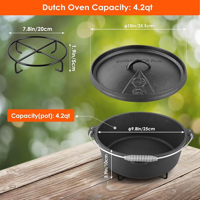 LIFERUN 4.2 Quart Cast Iron Dutch Oven Pot with Lid, Black | Dutch Oven with Stand & Spiral-shaped Handle, Cast Iron Pot without Feet for Outdoor & Indoor