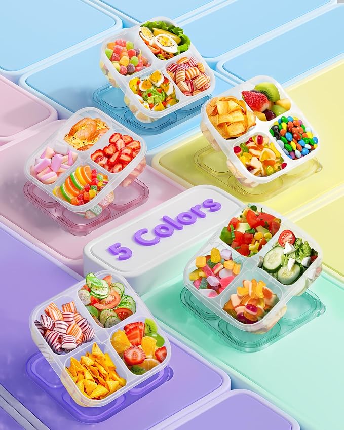 Canfanni 5 Pcs Bento Snack Containers, Reusable 4 Compartment Divided Food Storage Containers, Divided Lunchable Container for School, Work and Travel (All Transparent)
