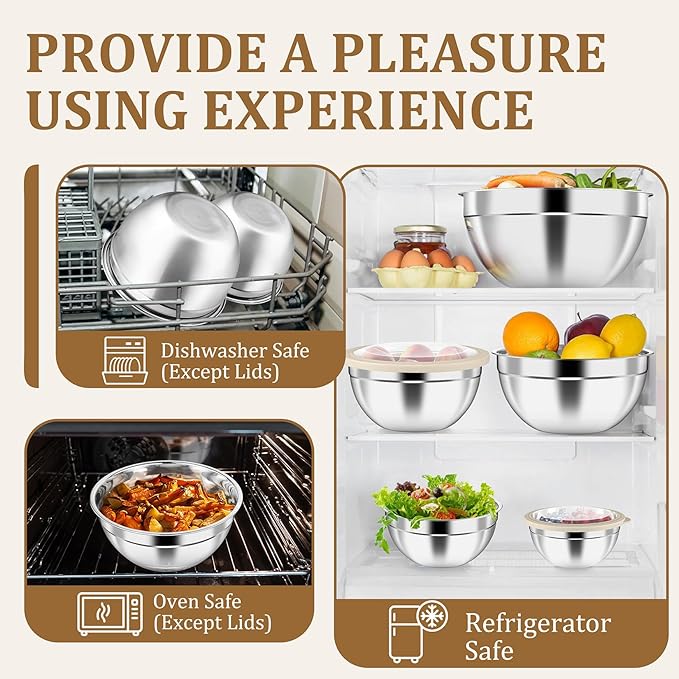 P&P CHEF Metal Mixing Bowls with Lids Set, Visible Airtight Lids & Khaki | 5 PCS Stainless Steel Mixing Nesting Bowls for Kitchen Prepping, Storing, Healthy & Easy Clean, Size 4.6, 3, 1.5, 1, 0.7 QT