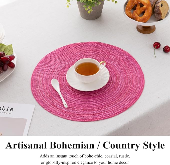 SHACOS Round Braided Placemats Set of 6 Cotton Polyester Woven Place Mats 15 inch Washable Table Mats for Kitchen Dining Tables (Hot Pink, 6)