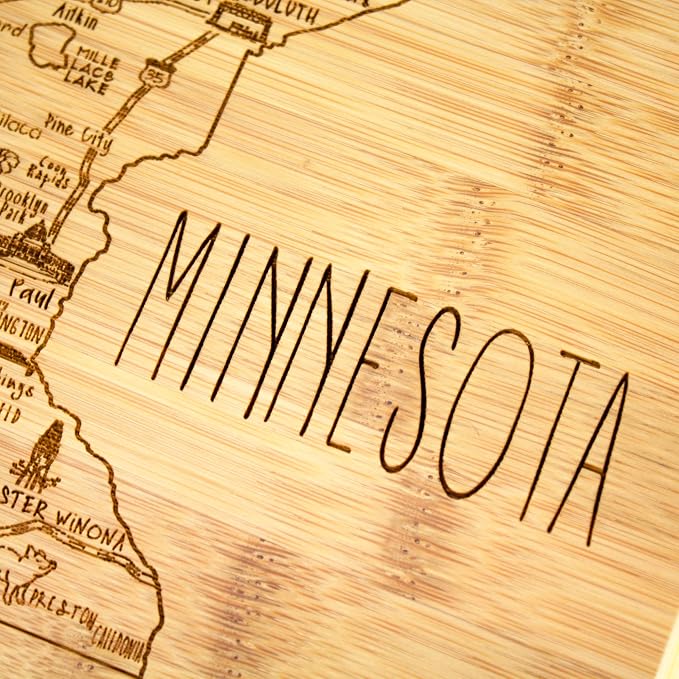 Totally Bamboo A Slice of Life Minnesota Engraved Map Cutting Board | 11” x 8.75” charcuterie board with engraved state map artwork. Smooth reverse side for food prep. Hang tie for wall display.