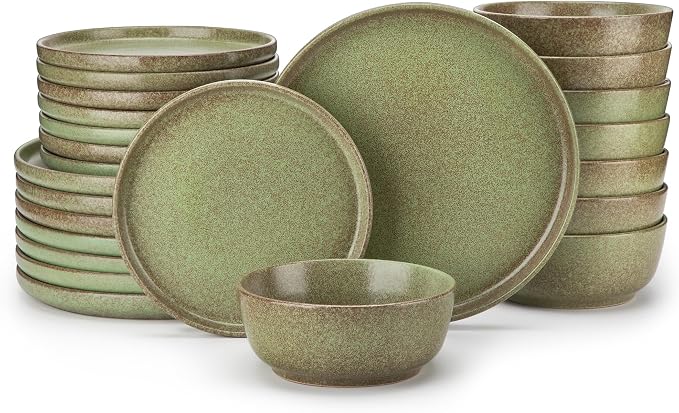 vancasso ZERMATT 24 Pieces Stoneware Dinnerware, Plates and Bowls Set for 8 | Dishes Set for 8 in Mossy Green Reactive Glaze Stoneware, Kitchen Dinner Set, Microwave and Dishwasher Safe
