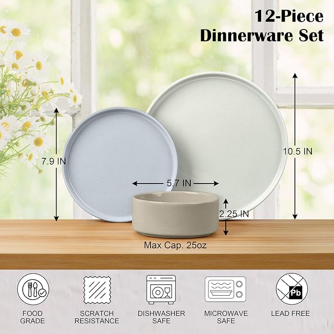 E-far Stoneware Dinnerware Sets, 12-Piece Plates and Bowls Set for 4 | Kitchen Modern Dishes Dining Ware, Chip and Scratch Resistant, Microwave & Dishwasher Safe, Speckled Multicolor