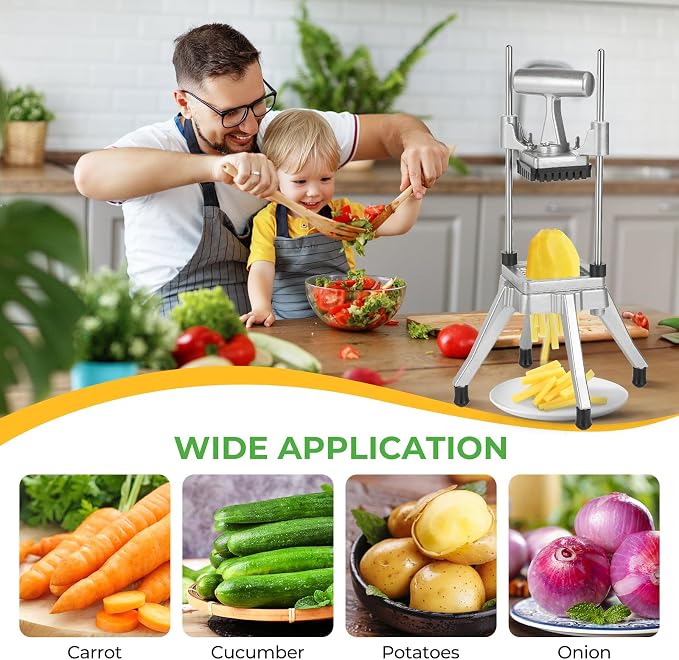 Commercial Vegetable Chopper & French Fry Cutter, 3-Blade Dicer | 1/4", 3/8" & 1/2" blades, aluminum alloy frame, 420 stainless steel cutters, non-slip feet for stability, fast uniform prep