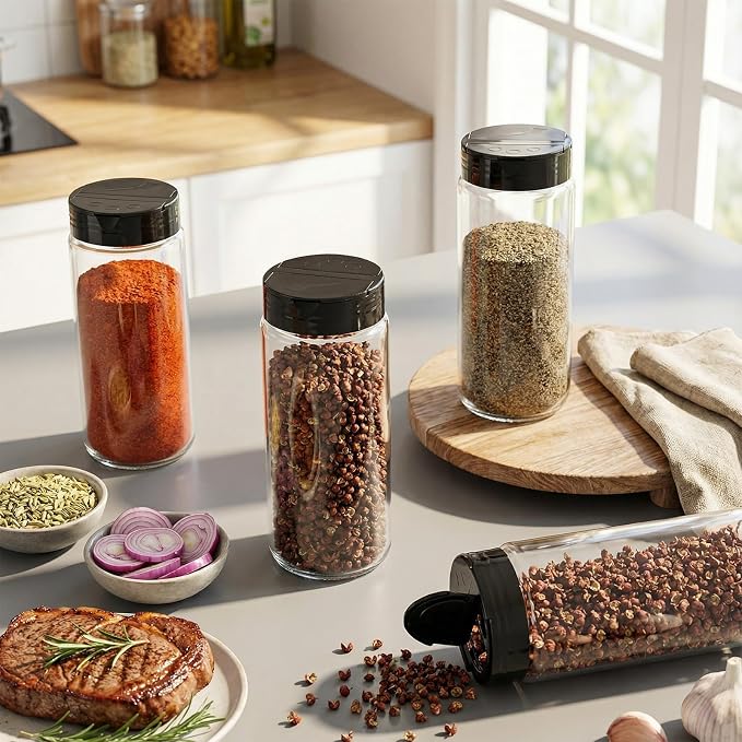6 Pack 16 oz Glass Spice Jars with Shaker Tops Lids Large Spice Bottle with Lids for Kitchen, Herbs, Sugar, Pantry Herb Salt Pepper Storage (Round)