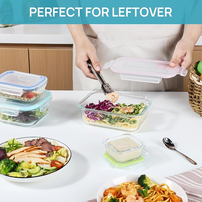 Vtopmart 8 Pack Glass Food Storage Containers with Airtight Lids | Meal Prep Lunch Containers, Leakproof, Leftover Storage, Take-out, Microwave, Oven, Freezer and Dishwasher Safe, BPA Free
