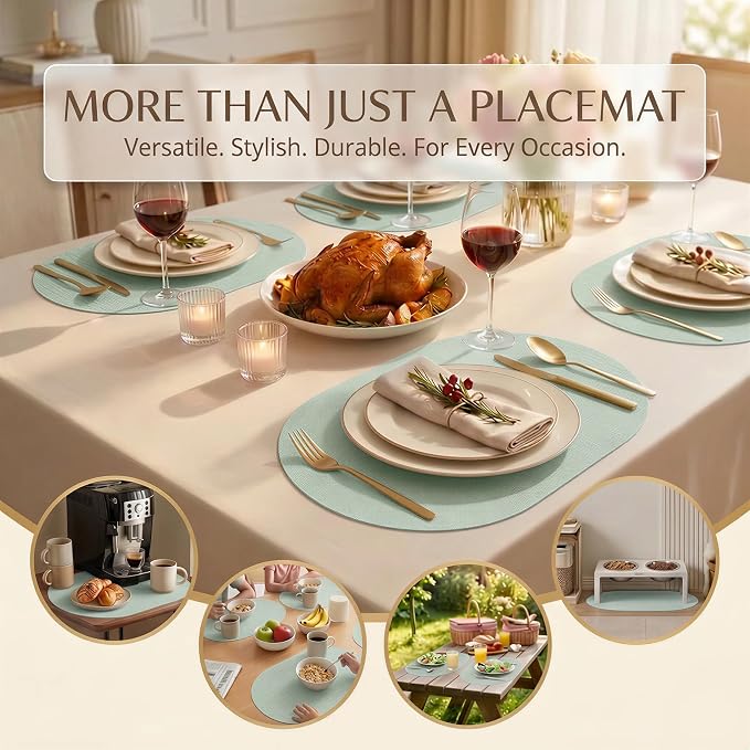 Faux Leather Placemats Set of 4, Wipeable Waterproof Stain Resistant Table Mats, Heat Resistant Thick Placemats with Hand-Painted Edges for Kitchen Dining, Imitative Linen Texture, Various Shapes