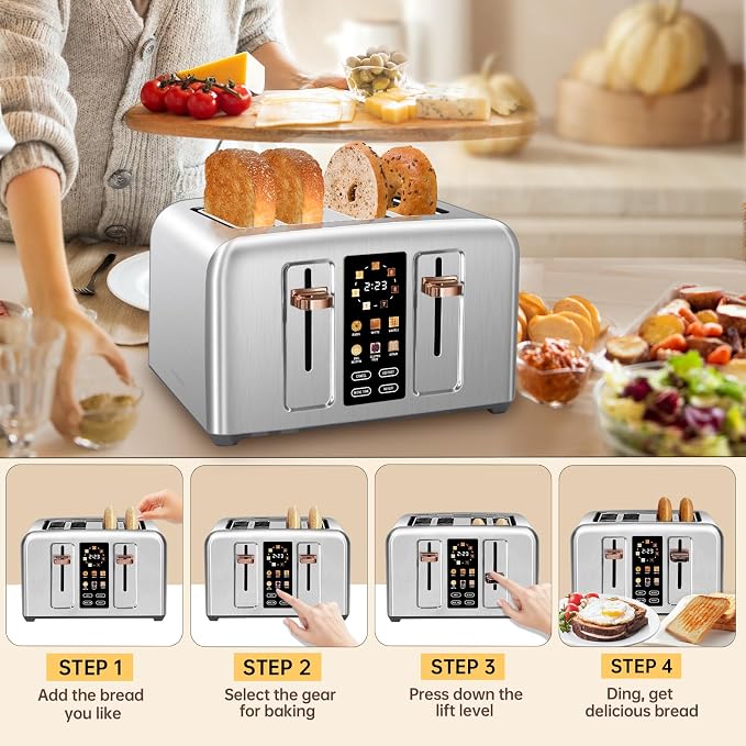 SEEDEEM Touchscreen Toaster 4 Slice, 7 Shade, Stainless, 1800W Silver Metallic