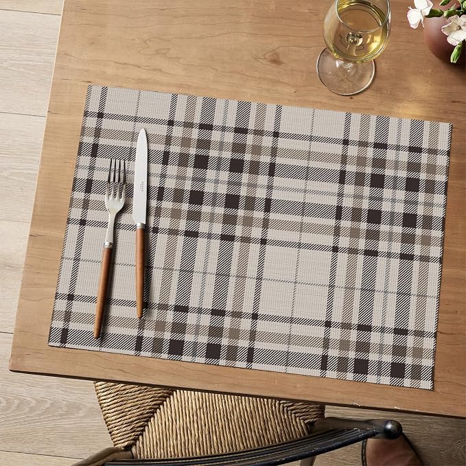 Artoid Mode Stripe Plaid Vinyl Placemats Set of 4, 12x18 Inch Thanksgiving Washable Non-Slip Heat Resistant Plastic Place Mats for Party Dining Table, Brown