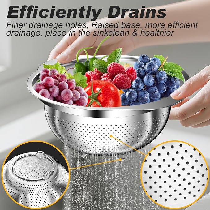 Colander, Stainless Steel Colander for Kitchen, 3Pcs Kitchen Gadget Food Strainer Basket with Handle, Kitchen Strainer Colanders Bowl for Pasta Noodles Spaghetti Vegetables Fruit (2QT, 3QT, 5QT)